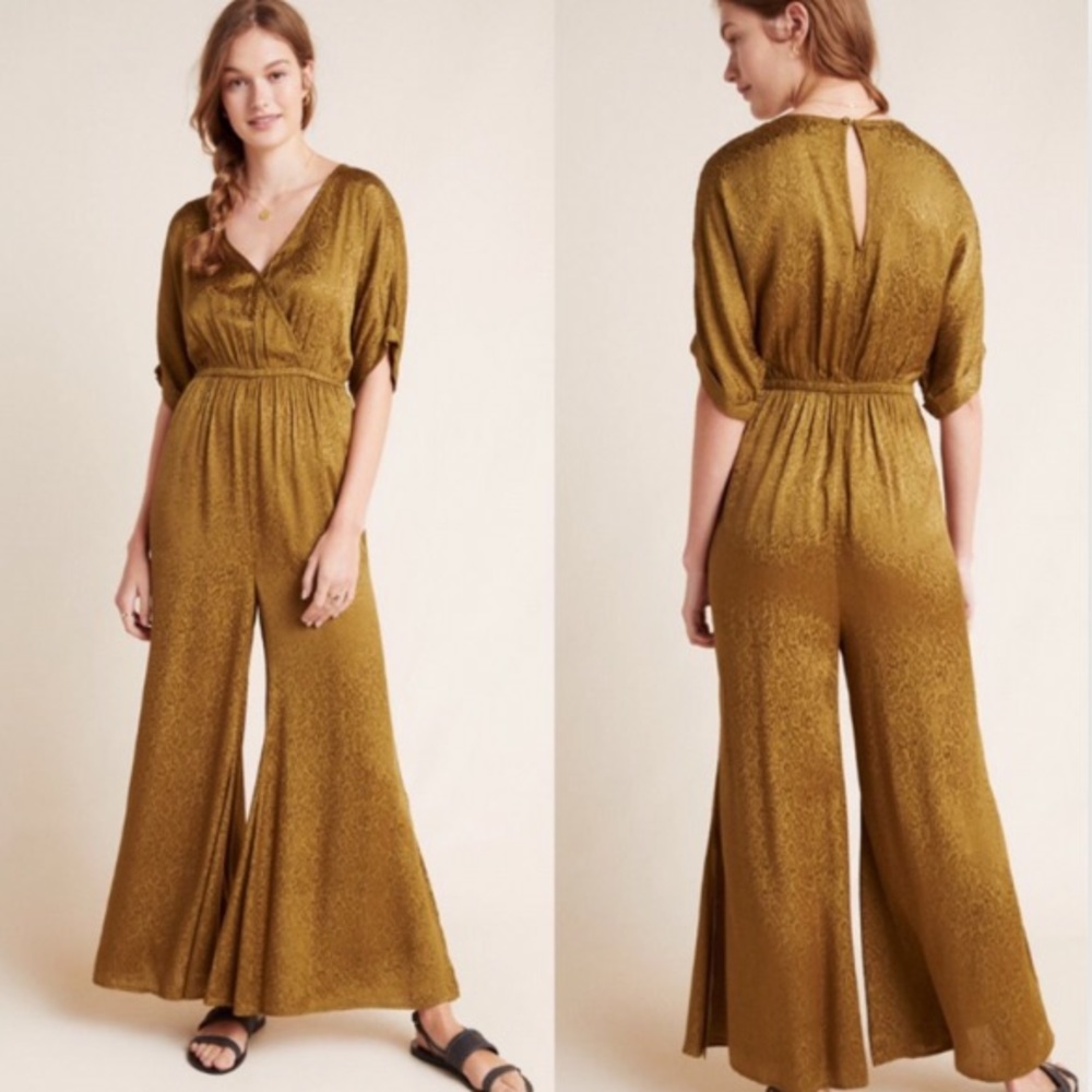 Anthro New Jacqueline Jacquard Olive Jumpsuit - Picture 1 of 6